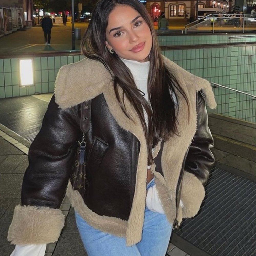 Zara Double Faced Biker Jacket Vegan Brown Oversized Leather Faux Fur Coat